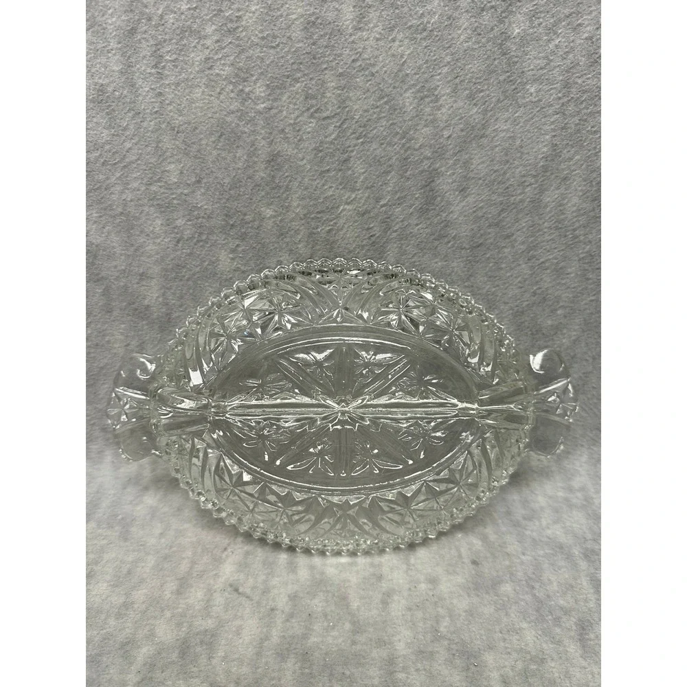 Vintage Relish‎ Dish Clear Divided Starburst Pattern Scalloped Tab Handles